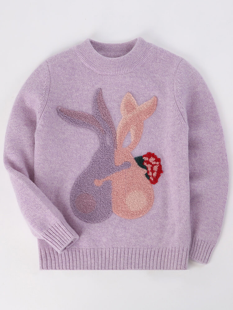 (image for) Girls Purple Cashmere Crewneck Pullover Sweater with Fuzzy Bunny